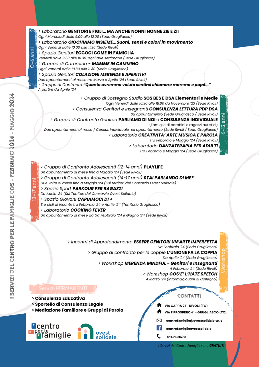 Calendario Progetti Centro per le Famiglie febbraio-maggio 2024